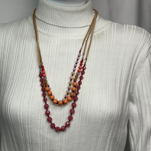 LOFT  Ann Taylor gold tone necklace beaded suede cord peach white pink beads - Picture 9 of 11